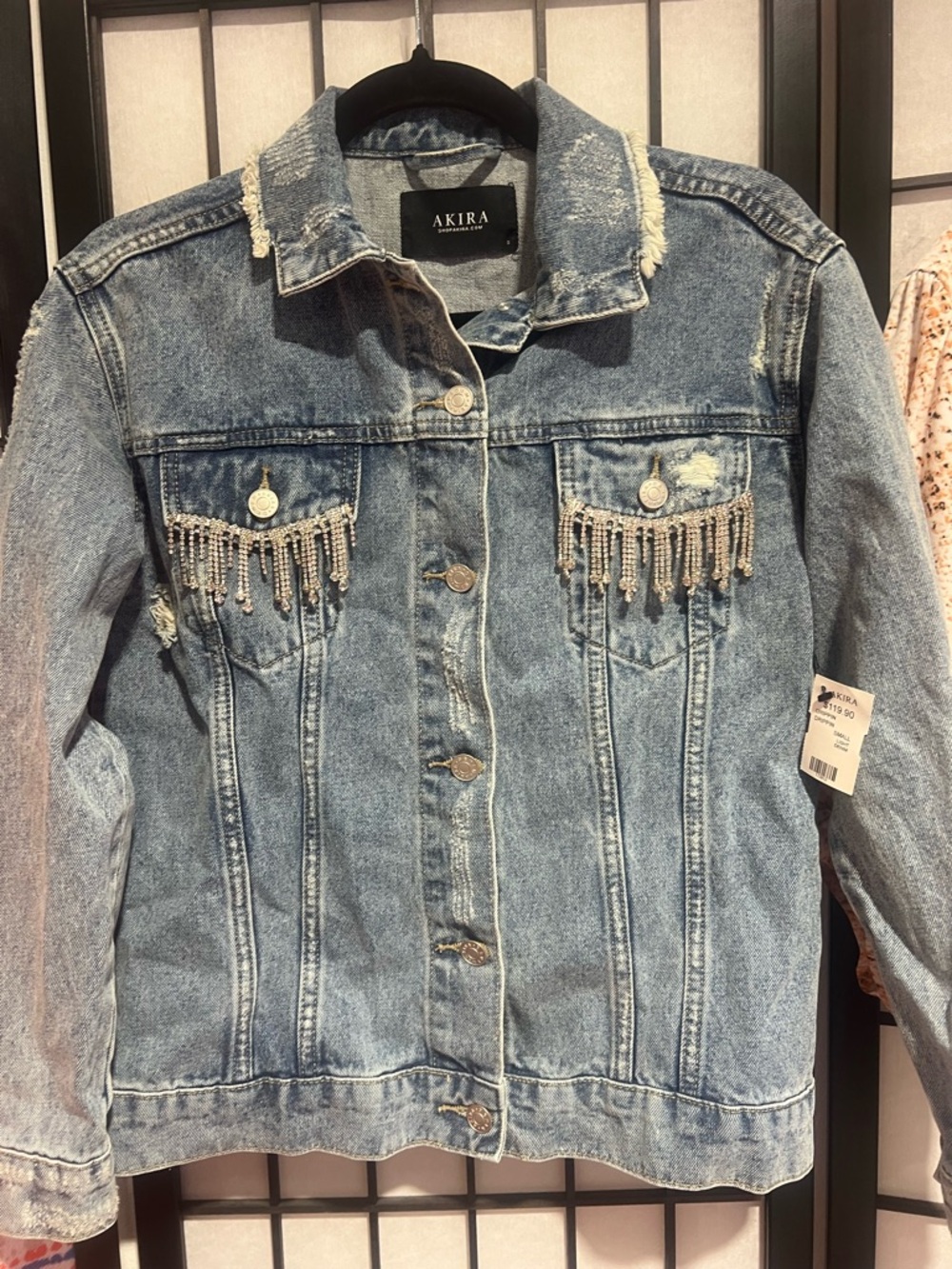 AKIRA Light Blue Distressed Denim Jacket with Beaded Fringe